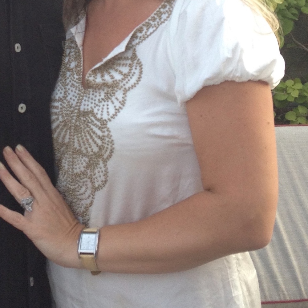 White silk boutique mini dress with brass beading